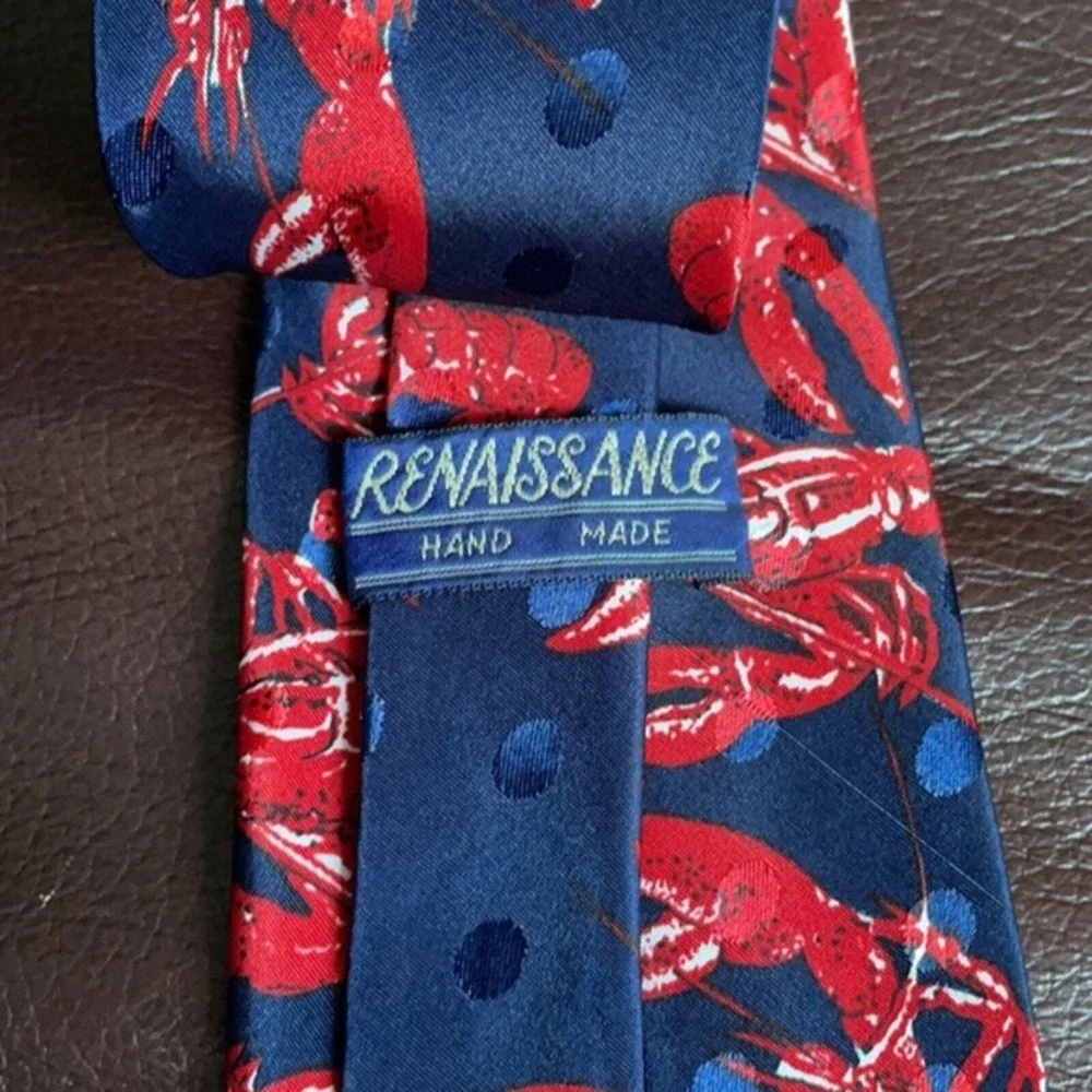 Renaissance Mens Handmade Lobster Print Silk Navy Blue Red Polka Dot Necktie Tie